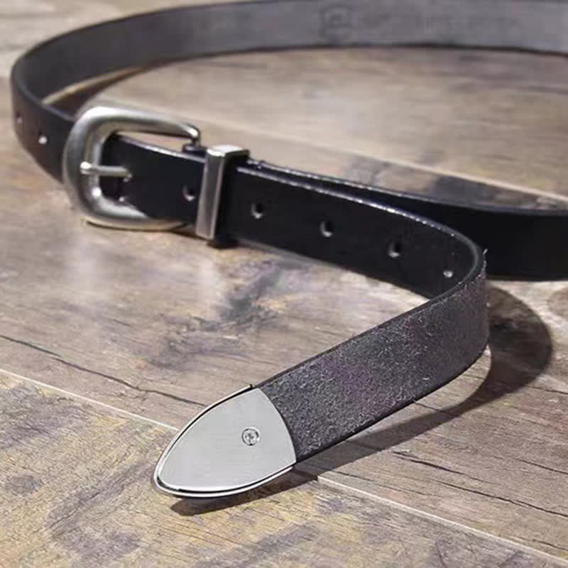 Women's Simple Silver Buckle Thin Strap Black Leather Belt - Image 3