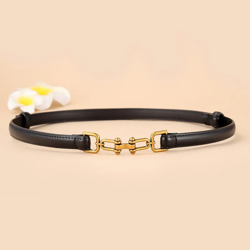 Women's Skinny Horseshoe Buckle Belt Snaffle Bit Leather Belt - Image 8