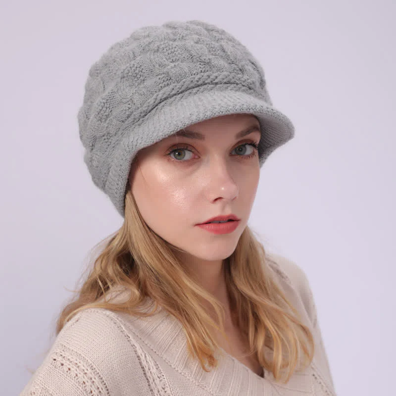 Women's Slouchy Fluffy Lining Visor Beanie Hat - Image 27