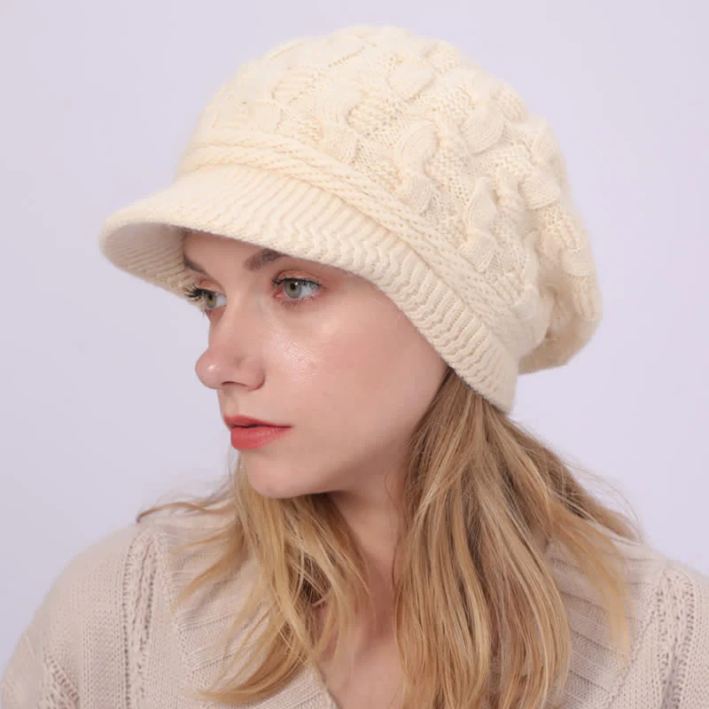 Women's Slouchy Fluffy Lining Visor Beanie Hat - Image 4