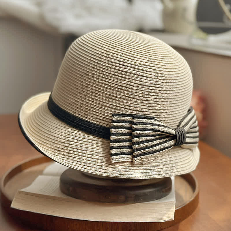 Women's Striped Bow Knot Beach Straw Fedora Hat - Image 6
