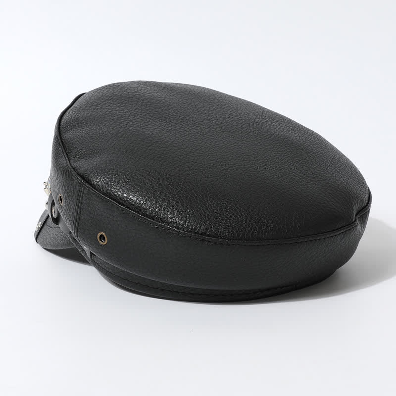 Women's Stylish Skull Rivet Navy Cap Black Leather Beret Hat - Image 4