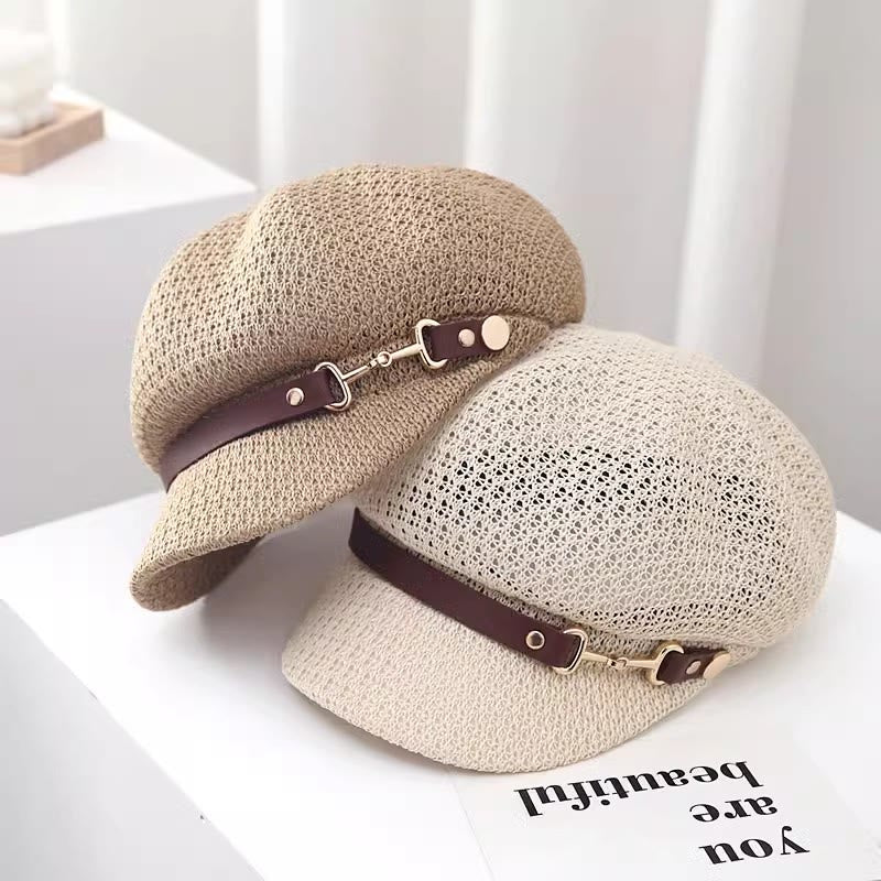 Women's Summer Solid Color Leather Band Decor Straw Beret Hat - Image 3