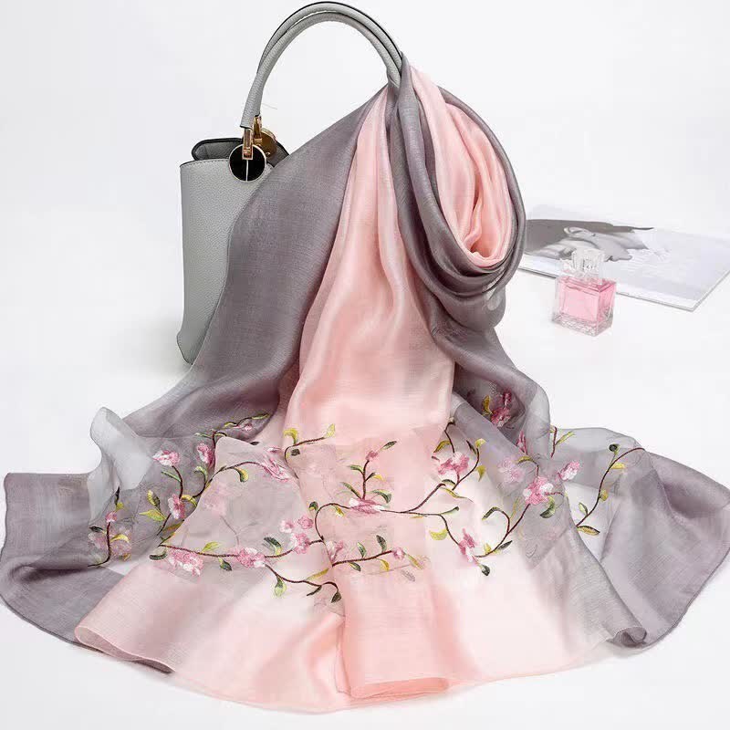 Women's Two Tone Hand-Embroidered Plant Floral Wool Silk Scarf - Image 5