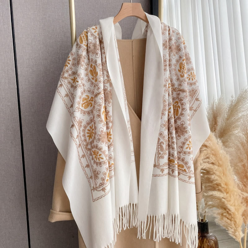 Women's Vintage Floral Pattern Fringed Shawl Scarf