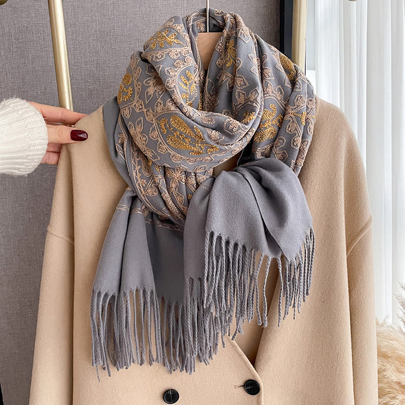 Women's Vintage Floral Pattern Fringed Shawl Scarf - Image 8