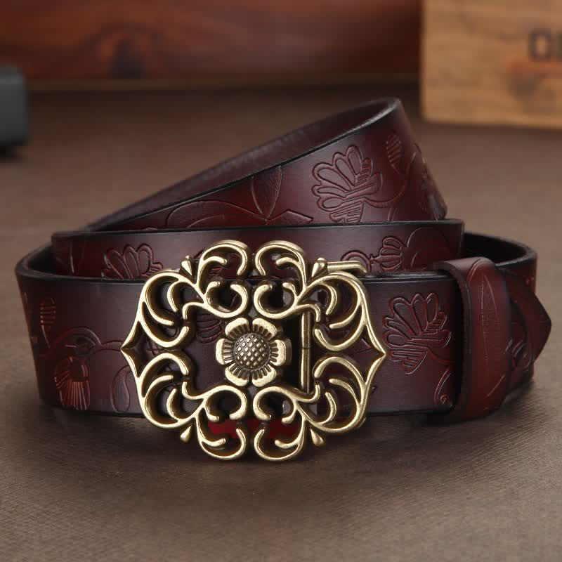 Women's Vintage Flower Hollow Buckle Embossed Leather Belt - Image 3