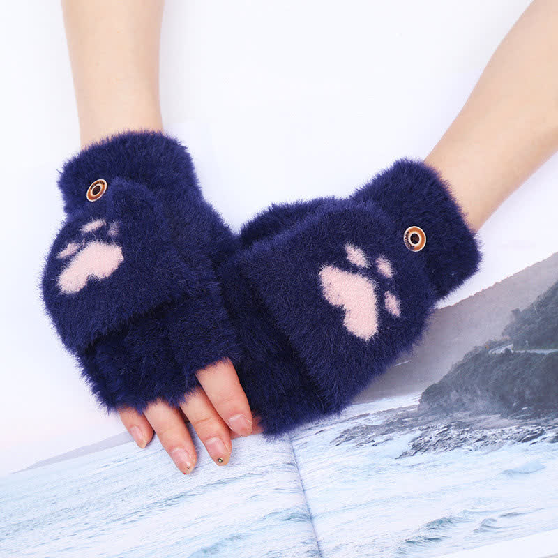 Women's Warm Cat Paw Print Mittens Fluffy Gloves - Image 6