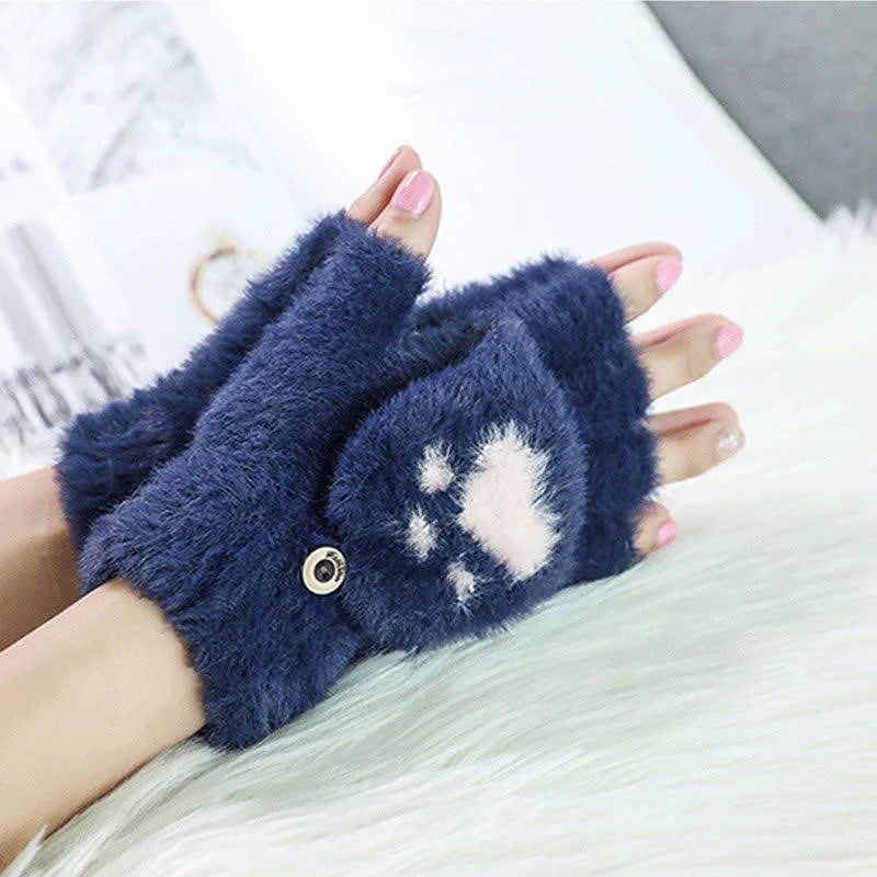 Women's Warm Cat Paw Print Mittens Fluffy Gloves - Image 6