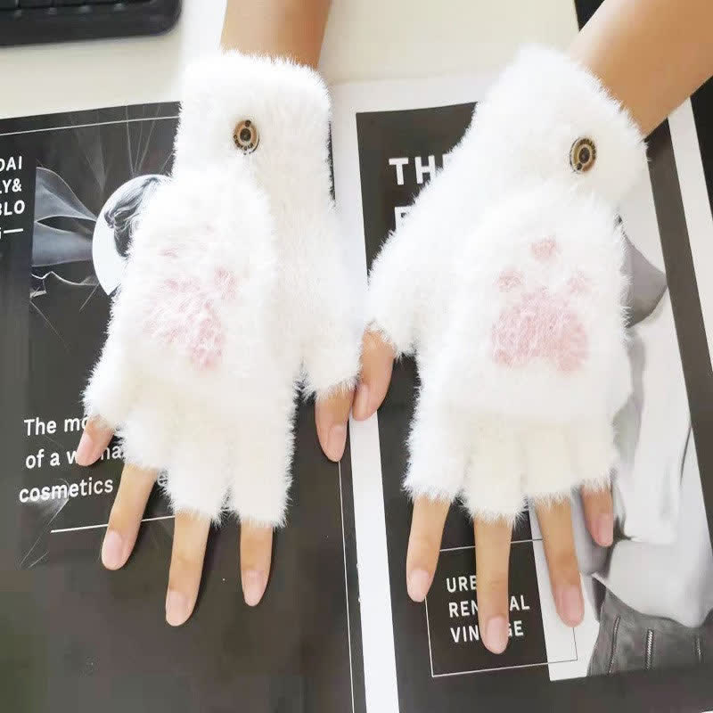 Women's Warm Cat Paw Print Mittens Fluffy Gloves - Image 7