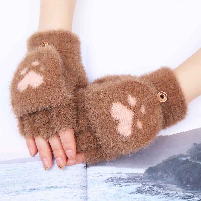 Women's Warm Cat Paw Print Mittens Fluffy Gloves - Image 8