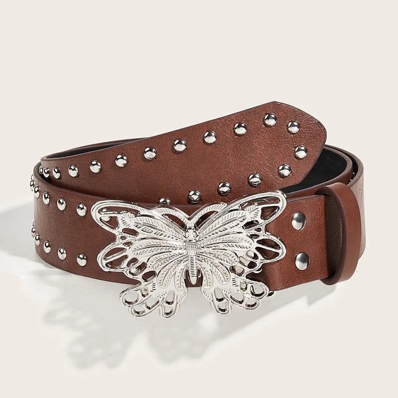 Women's Western Cowgirl Studded Butterfly Buckle Leather Belt - Image 9
