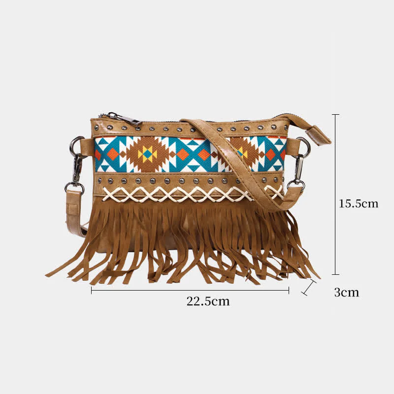 Women's Western Pattern Blue Aztec Fringe Crossbody Bag - Image 9