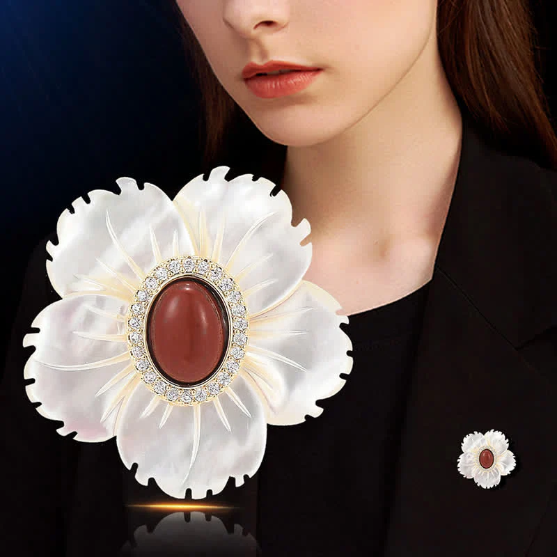 Women's White Natural Shell Flower Red Agate Brooch - Image 2