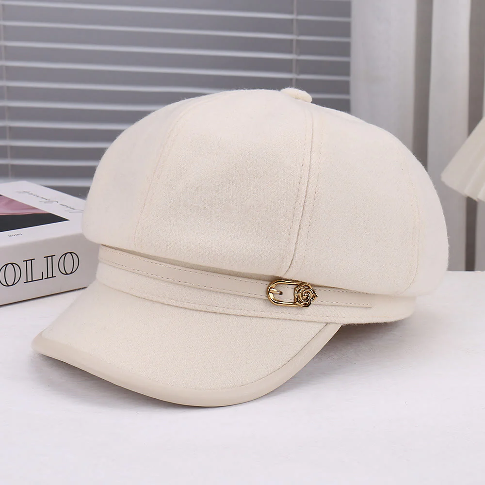 Women's Wool-Blend Leather Strap Rose Beret Hat - Image 5