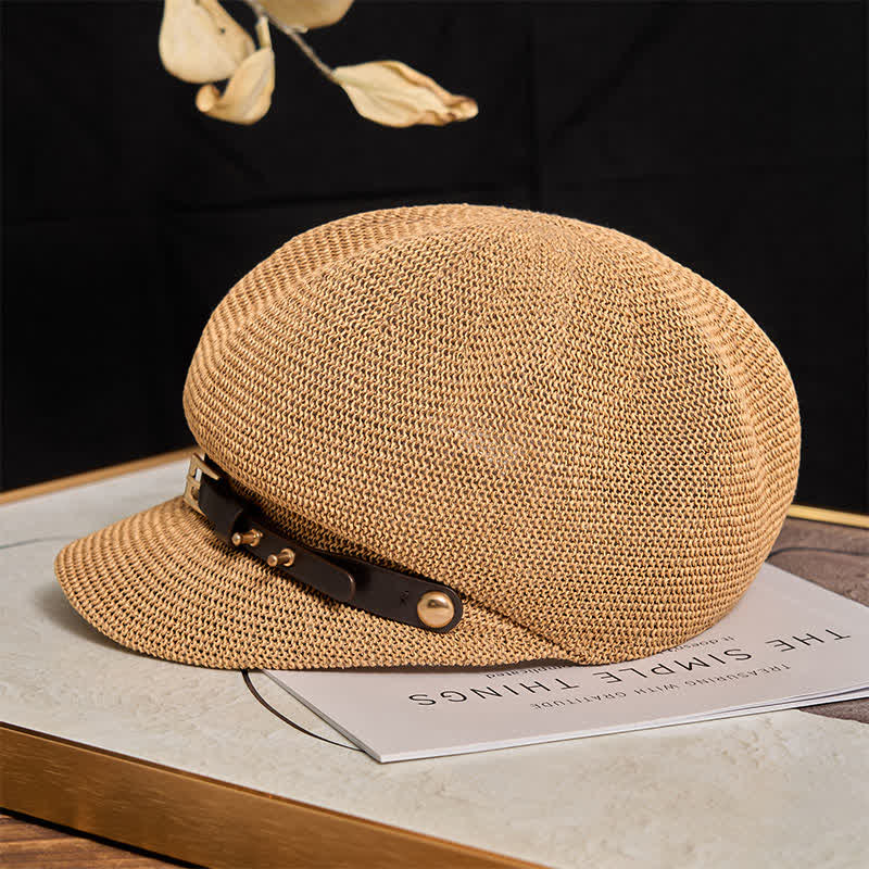 Women's Woven Leather Band Decor Beach Straw Beret Hat - Image 4