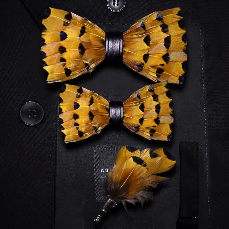 Yellow & Gold Finch Tail Feather Bow Tie with Lapel Pin - Image 5