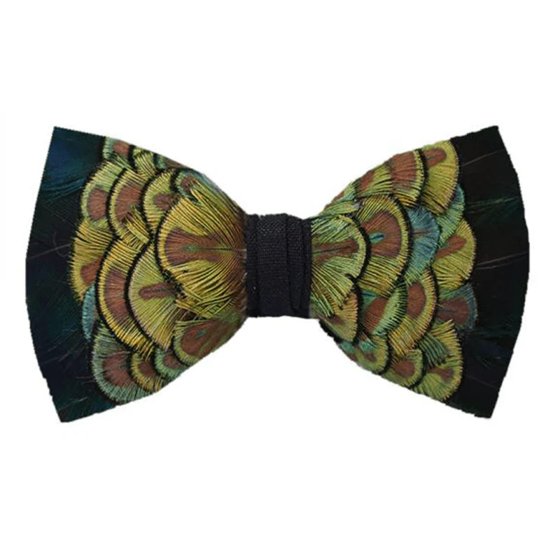 YellowGreen & Black Forest Goose Feather Bow Tie